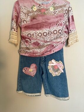 Vintage Girls Pink Lace-Trim Top with Denim Heart Applique Shorts Size 2